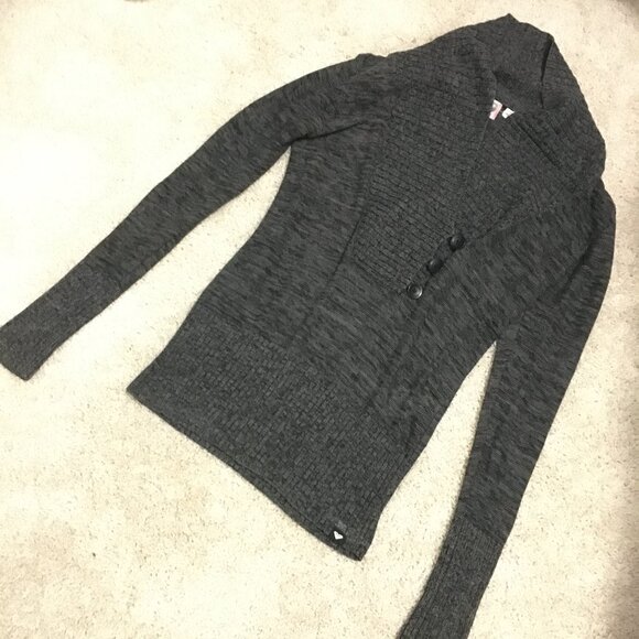 Preppy Grey Marled Knit Buttoned Cowl Neck Sweater - Picture 11 of 16